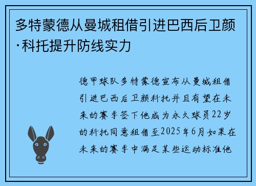 多特蒙德从曼城租借引进巴西后卫颜·科托提升防线实力